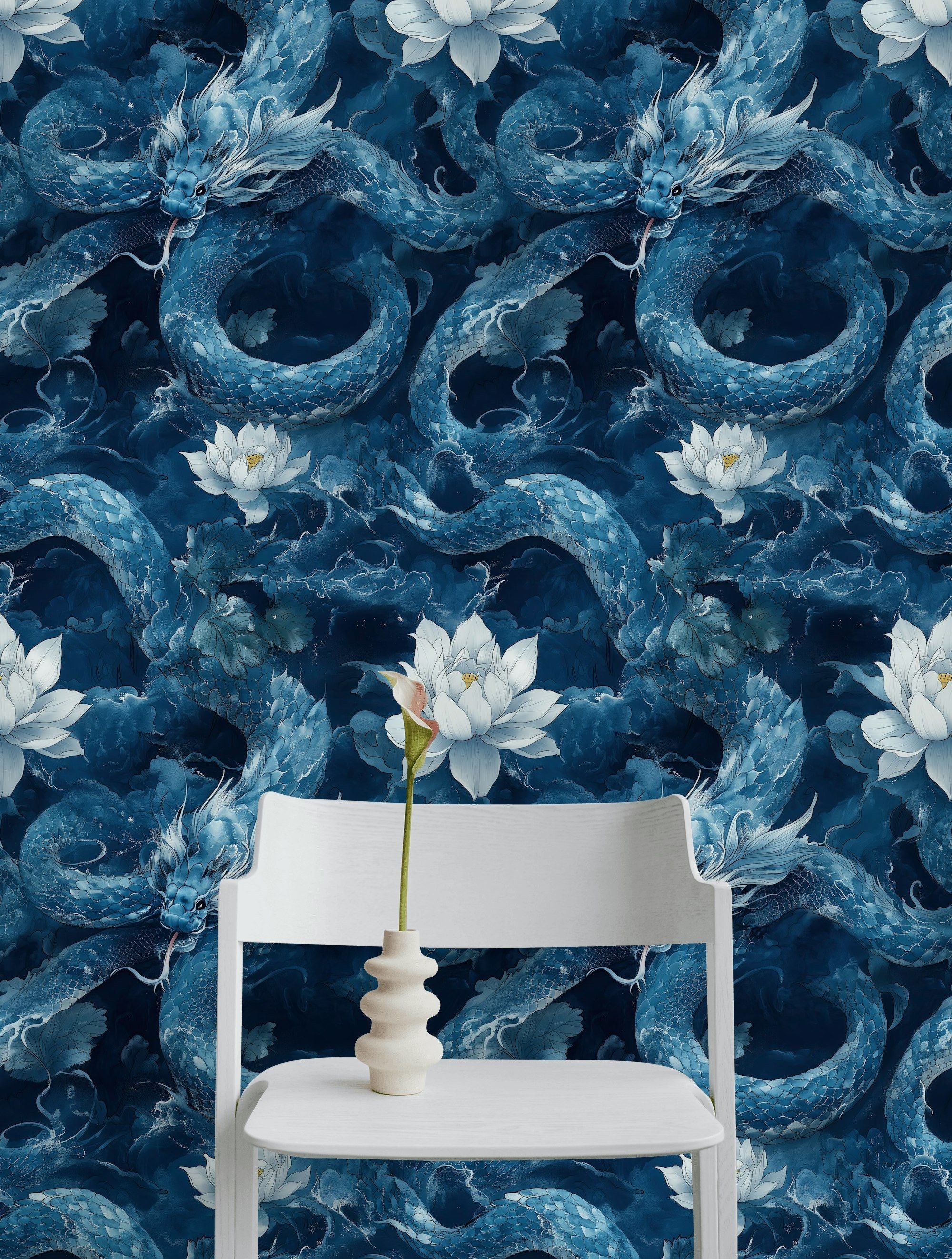 Navy Blue Dragon and Lotus Fantasy Wallpaper