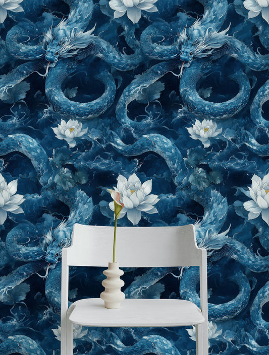 Blue Oriental Dragon Wallpaper with White Lotus Wall Mural