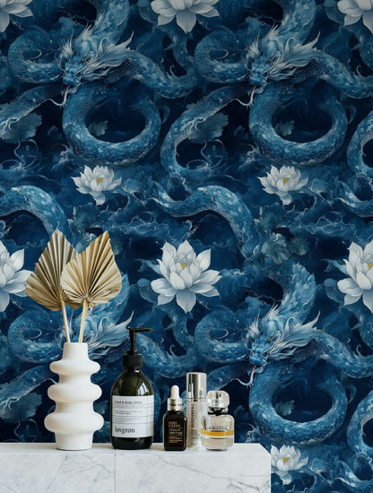 Navy Blue Dragon and Lotus Fantasy Wallpaper