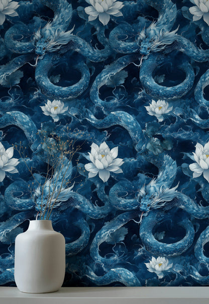 Navy Blue Dragon and Lotus Fantasy Wallpaper