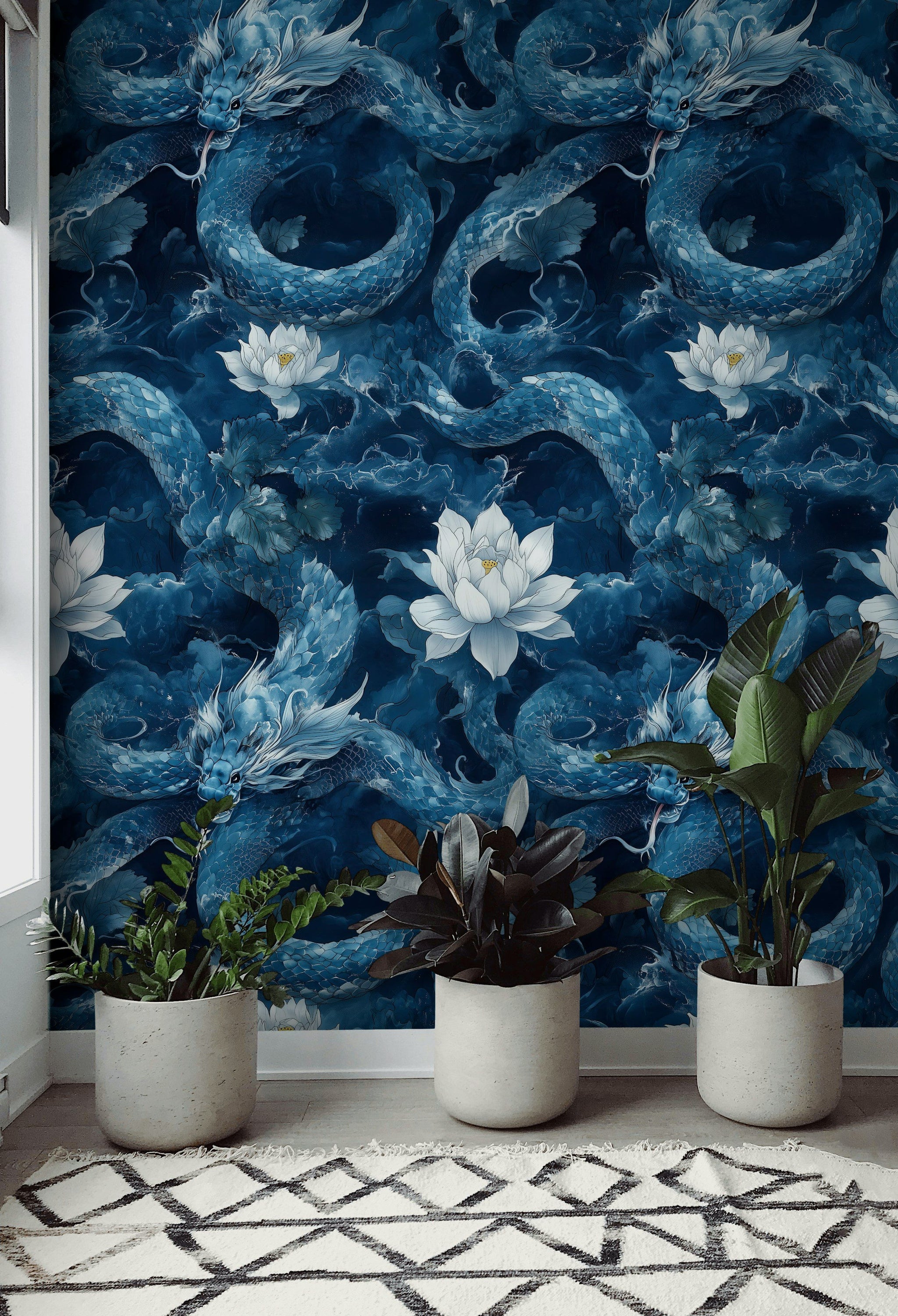 Navy Blue Dragon and Lotus Fantasy Wallpaper
