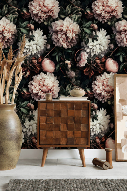 Moody Black Background with Lush Pink Floral Wallpaper