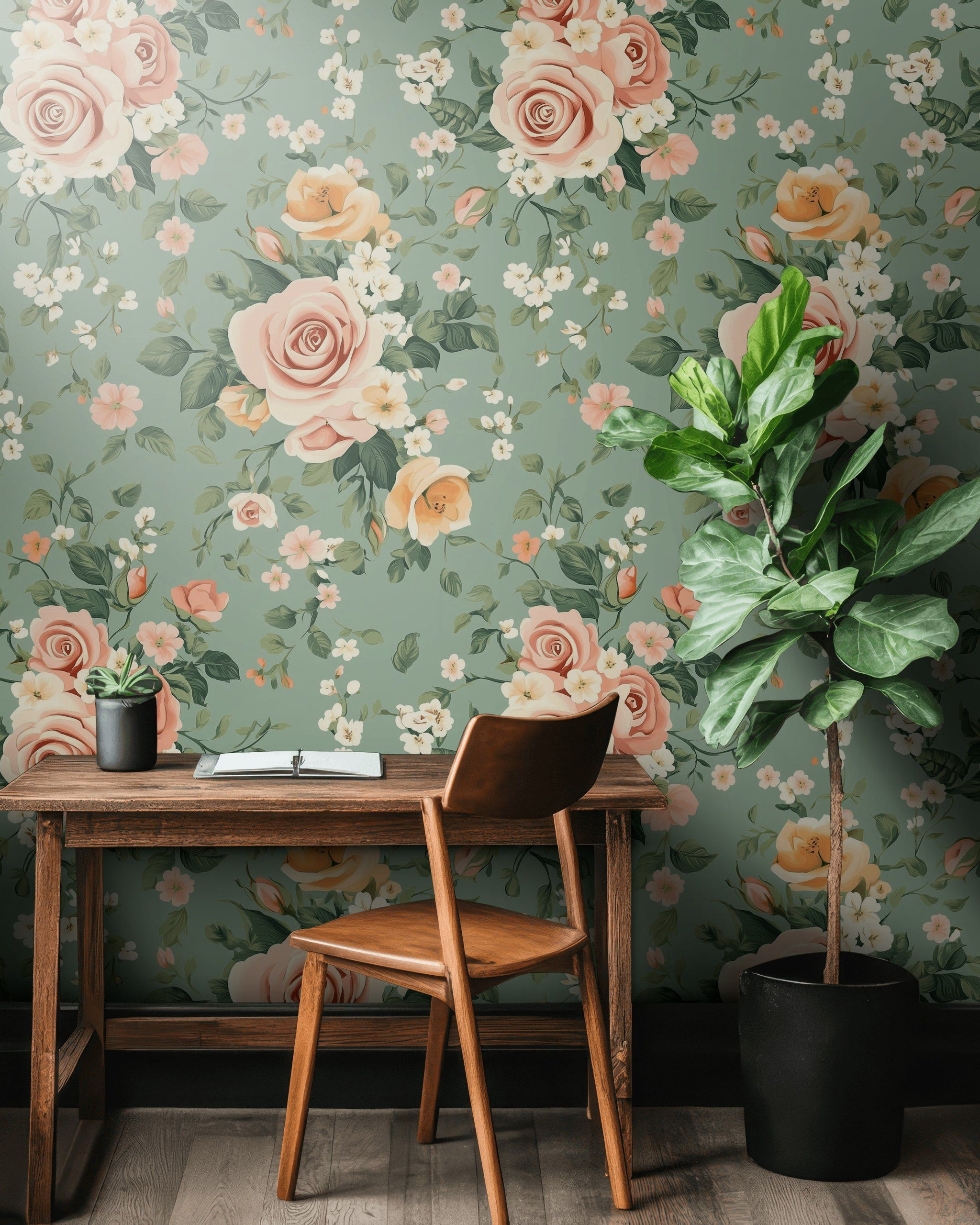 Sage Green and Blush Pink Rose Floral Wallpaper