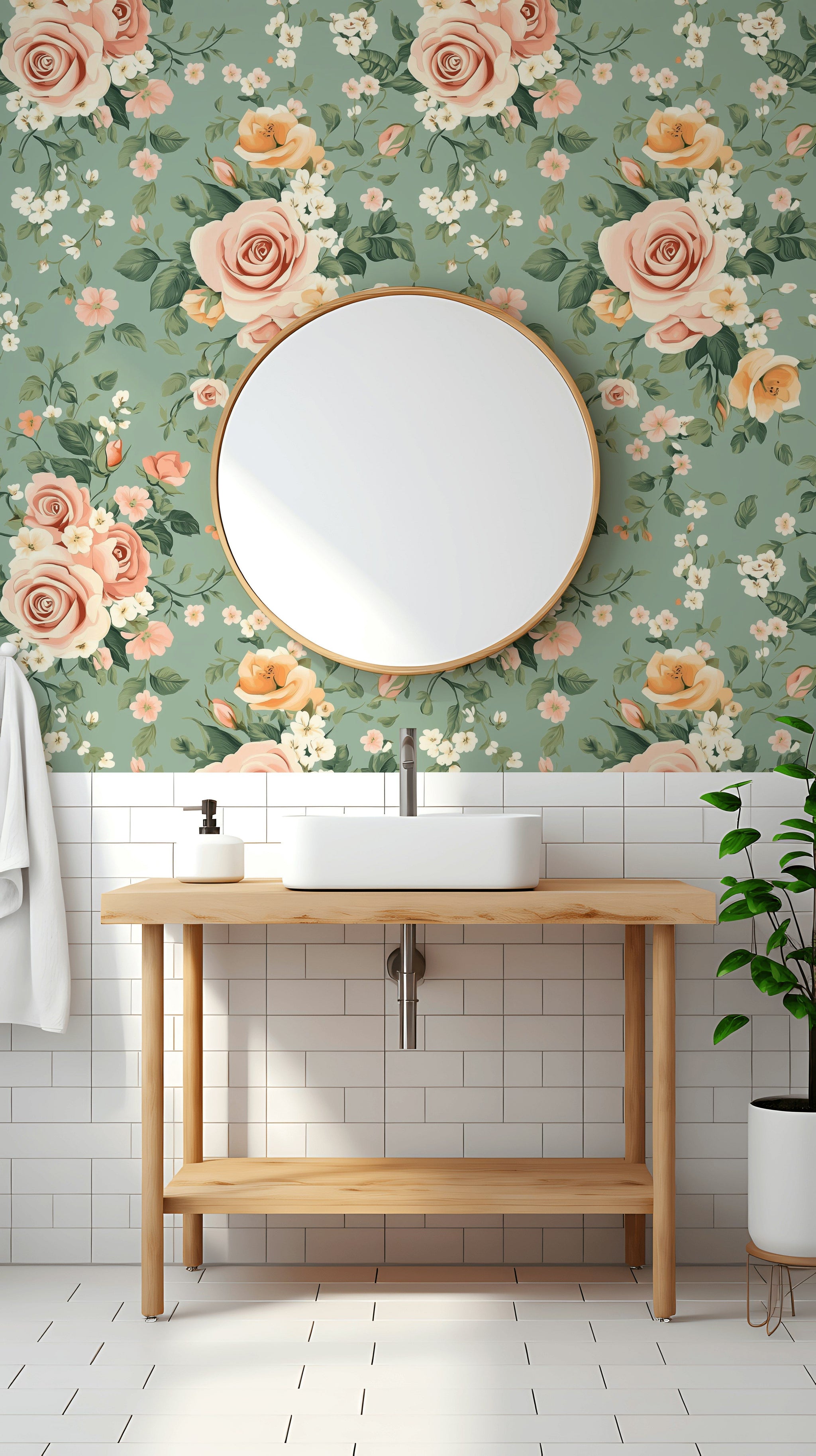 Sage Green and Blush Pink Rose Floral Wallpaper