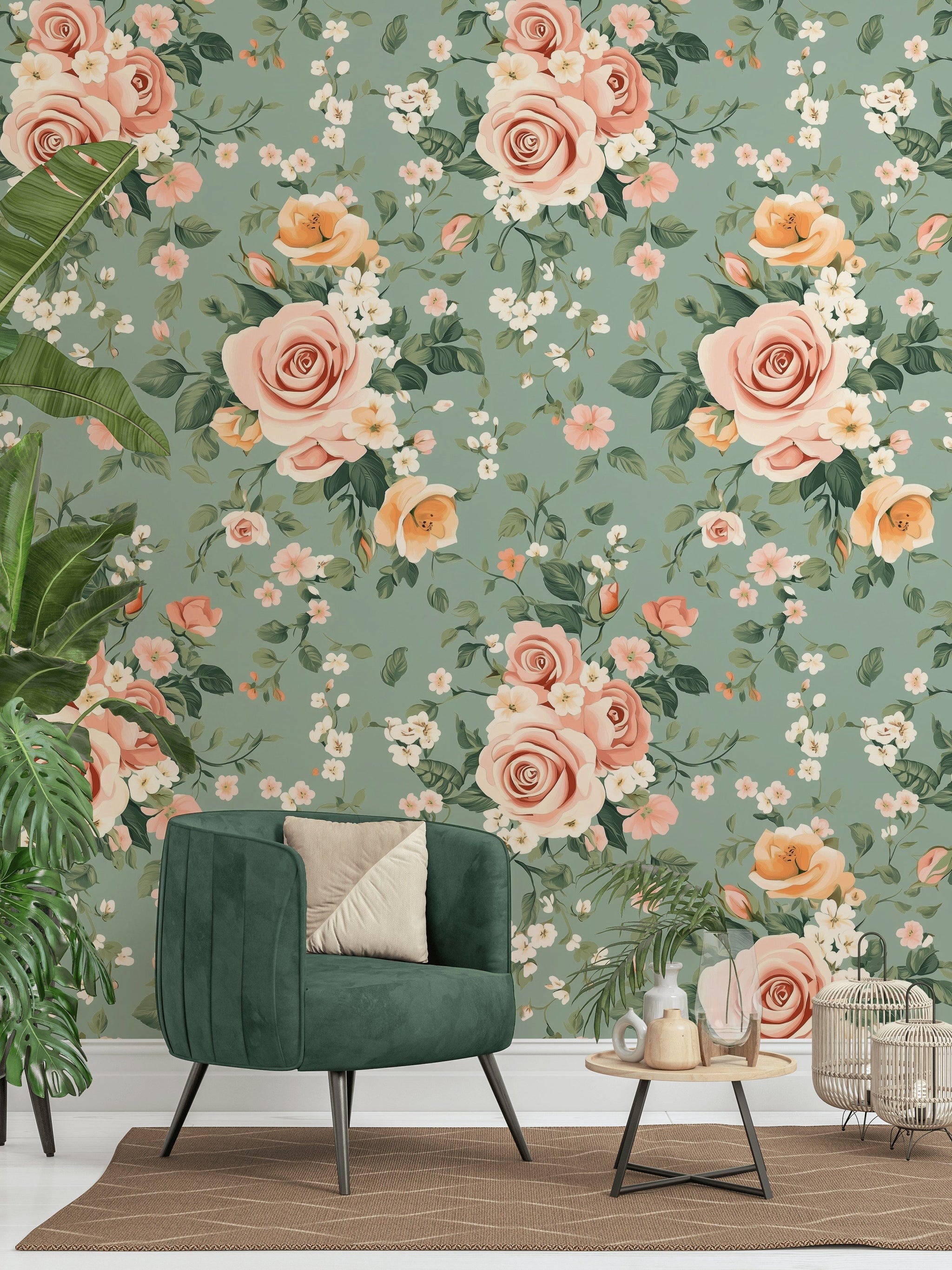 Sage Green and Blush Pink Rose Floral Wallpaper