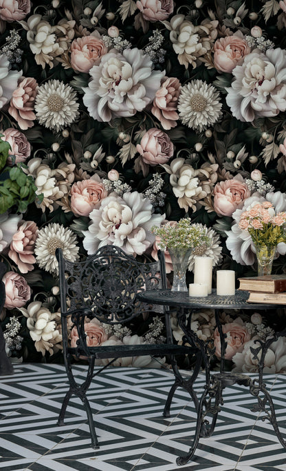 Dark Black and Blush Peony Floral Wallpaper