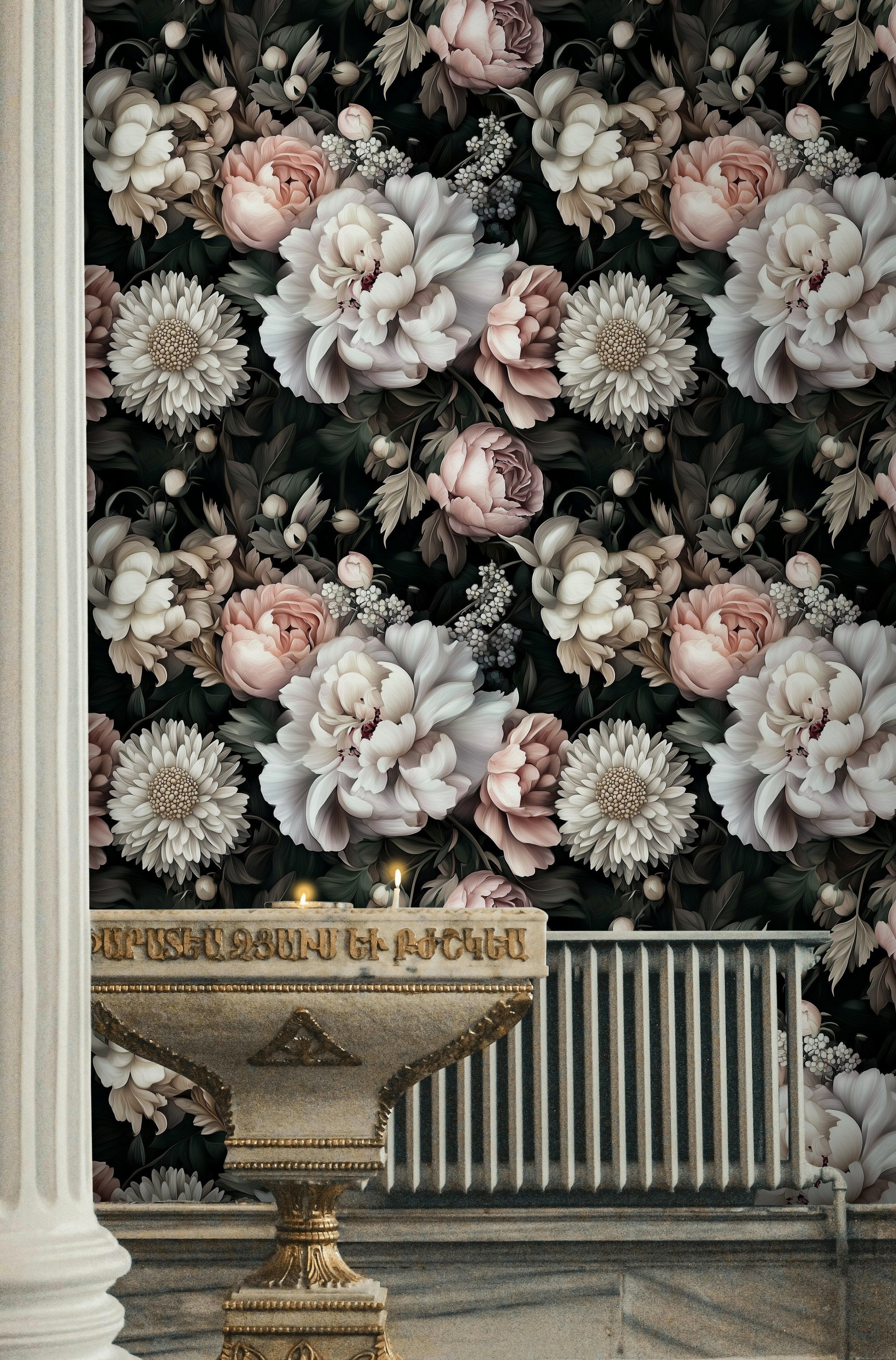 Dark Black and Blush Peony Floral Wallpaper