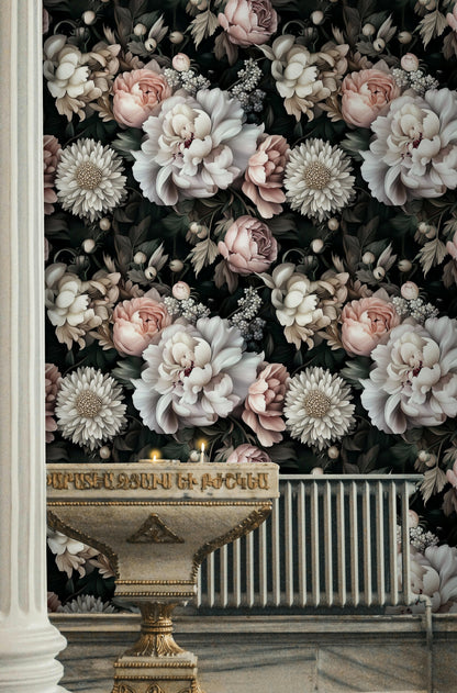 Dark Black and Blush Peony Floral Wallpaper