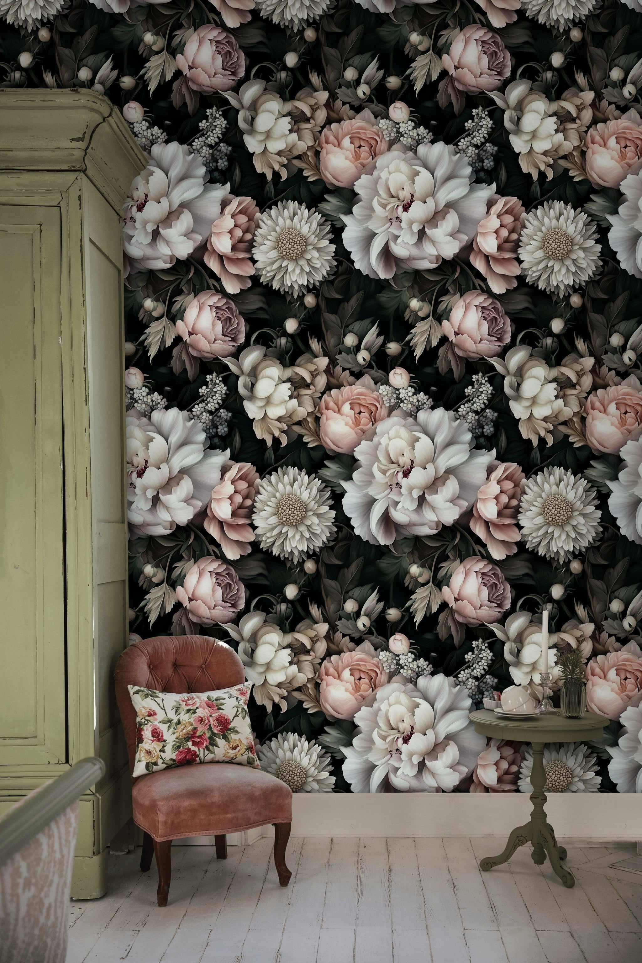 Dark Black and Blush Peony Floral Wallpaper
