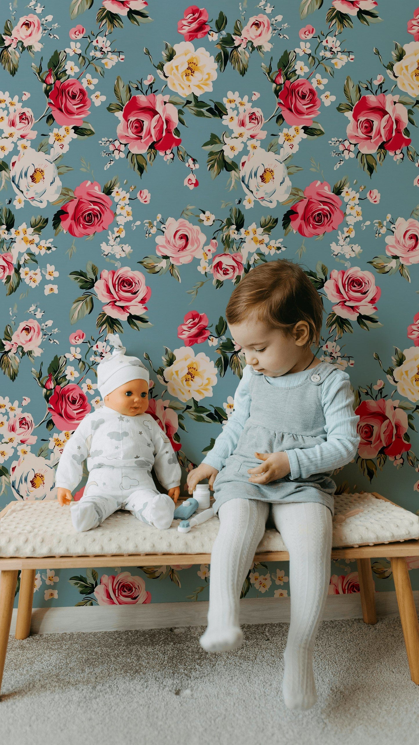 Vintage Roses on Blue Wallpaper Vibrant Floral Wall Mural