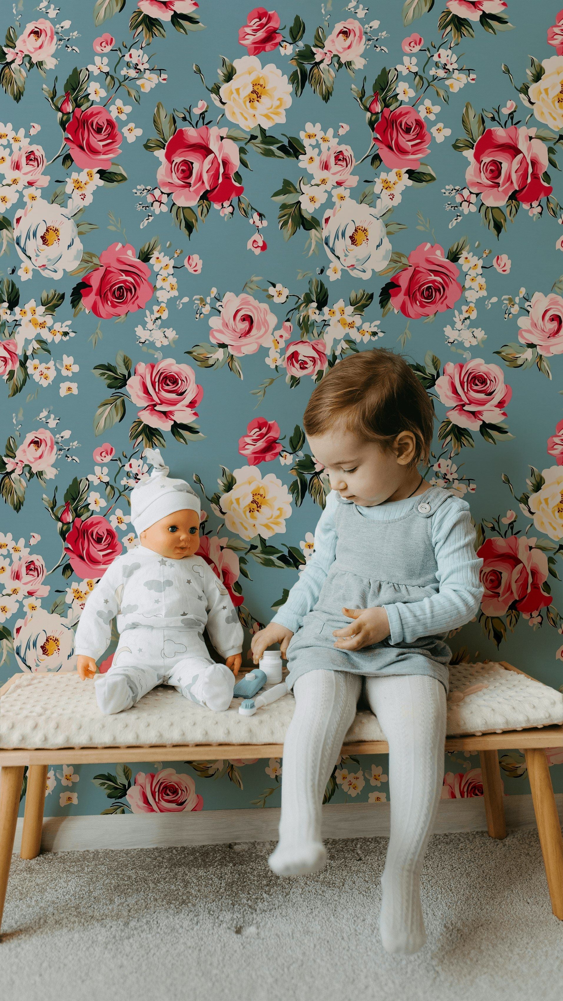 Vintage Blue and Pink Rose Floral Wallpaper