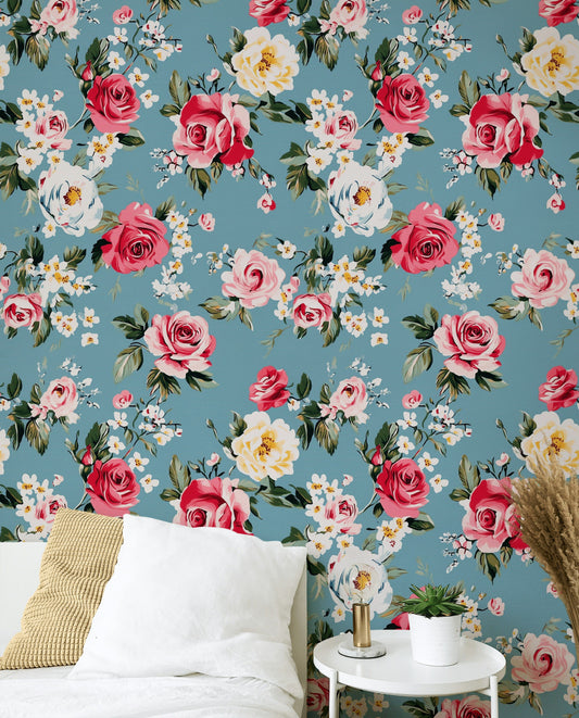 Vintage Blue and Pink Rose Floral Wallpaper