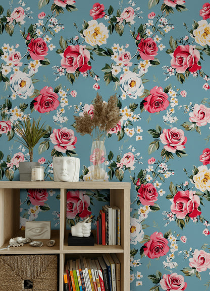 Vintage Blue and Pink Rose Floral Wallpaper