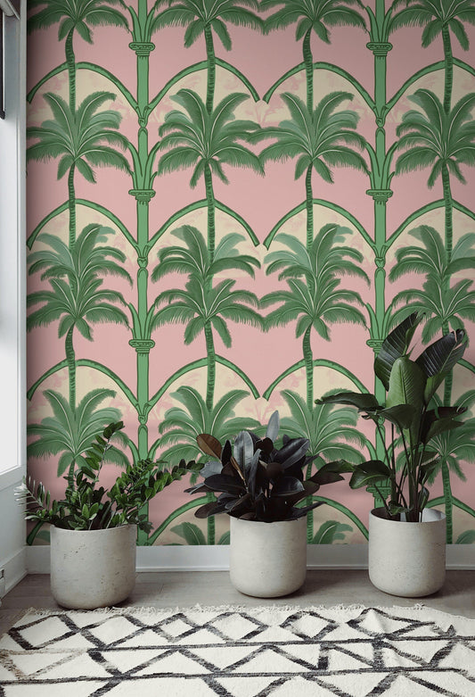 Palm Archway Tropical Wallpaper Pink & Green Wall Mural
