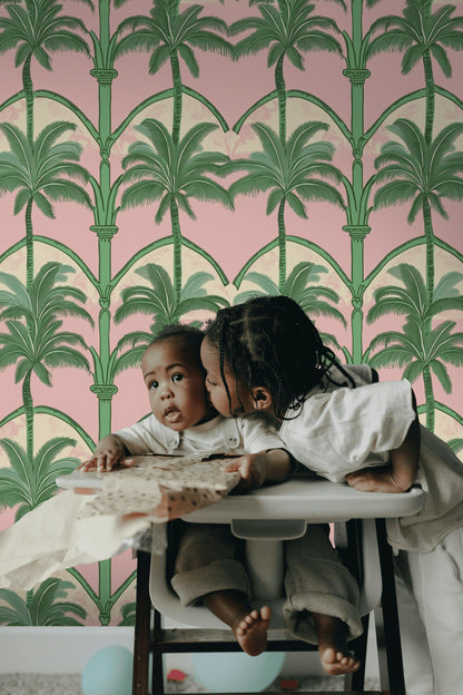 Retro Pink and Green Palm Tree Wallpaper