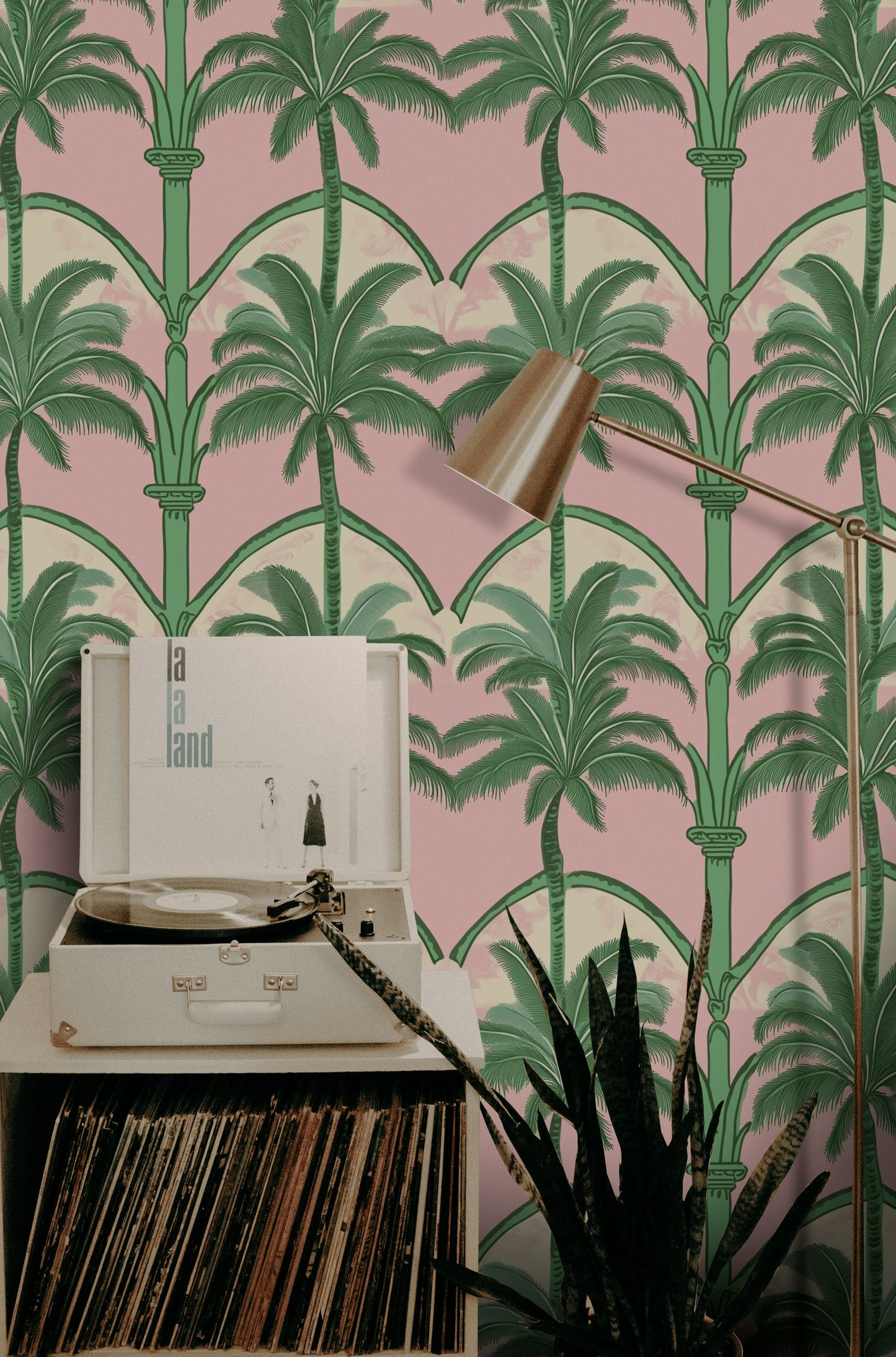 Palm Archway Tropical Wallpaper Pink & Green Wall Mural