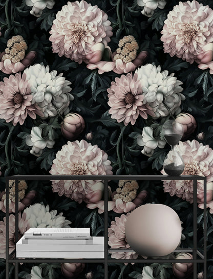 Dusky Pink Peony and Dahlia Floral Wallpaper