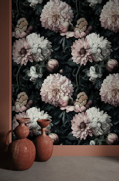 Dusky Pink Peony and Dahlia Floral Wallpaper