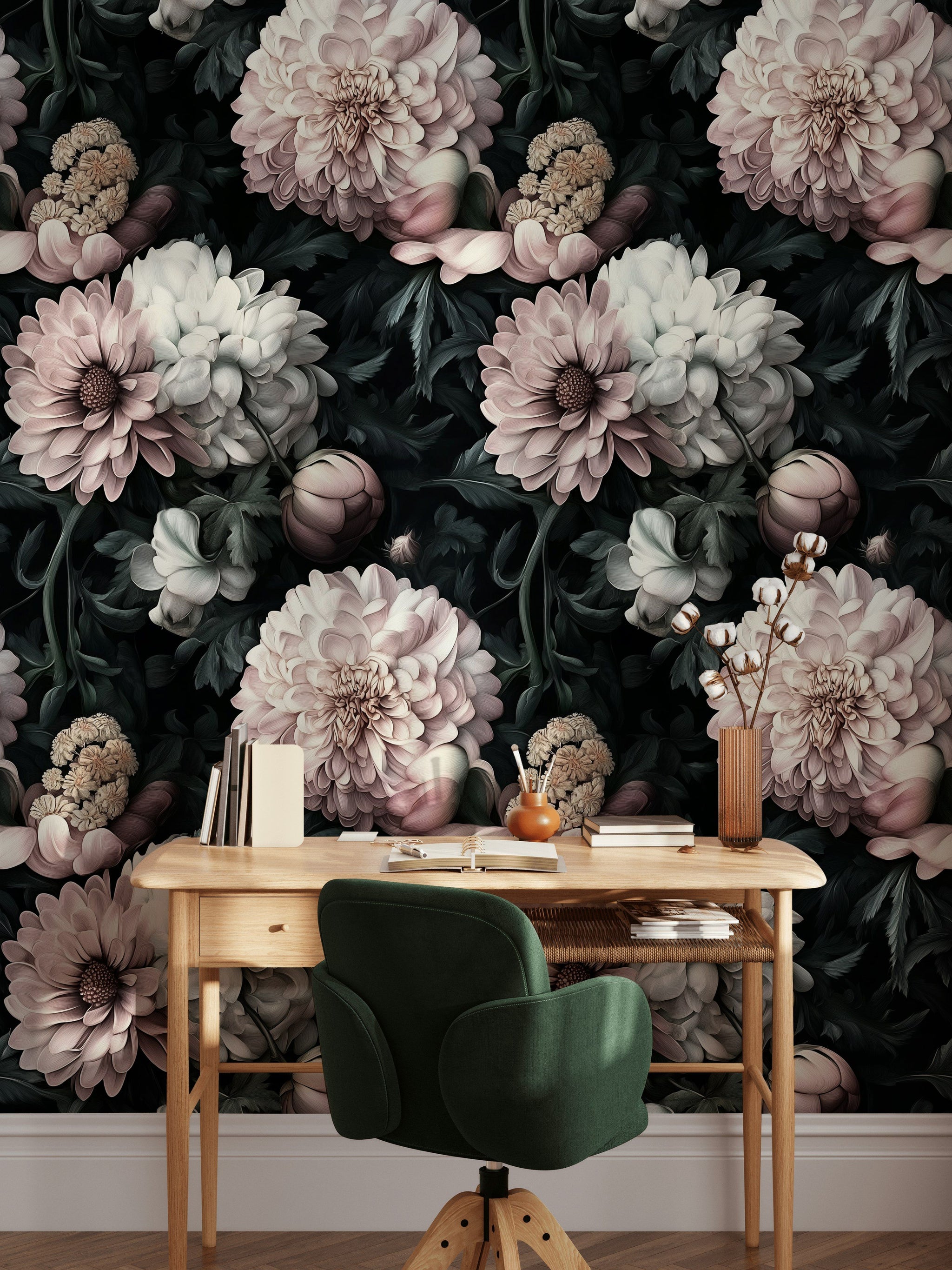 Dusky Pink Peony and Dahlia Floral Wallpaper