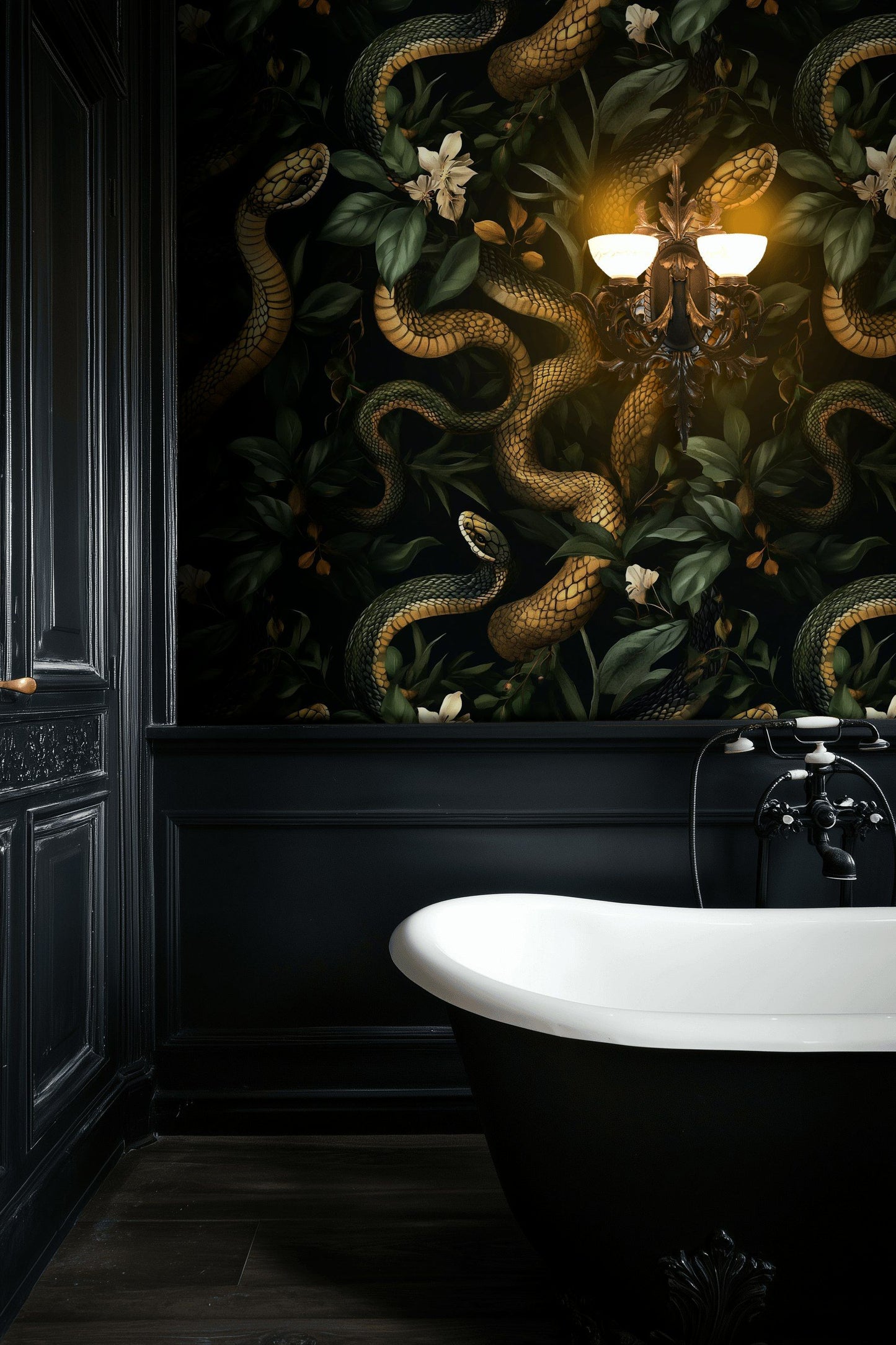 Golden Serpent & Lily Wallpaper Dark Botanical Wall Mural