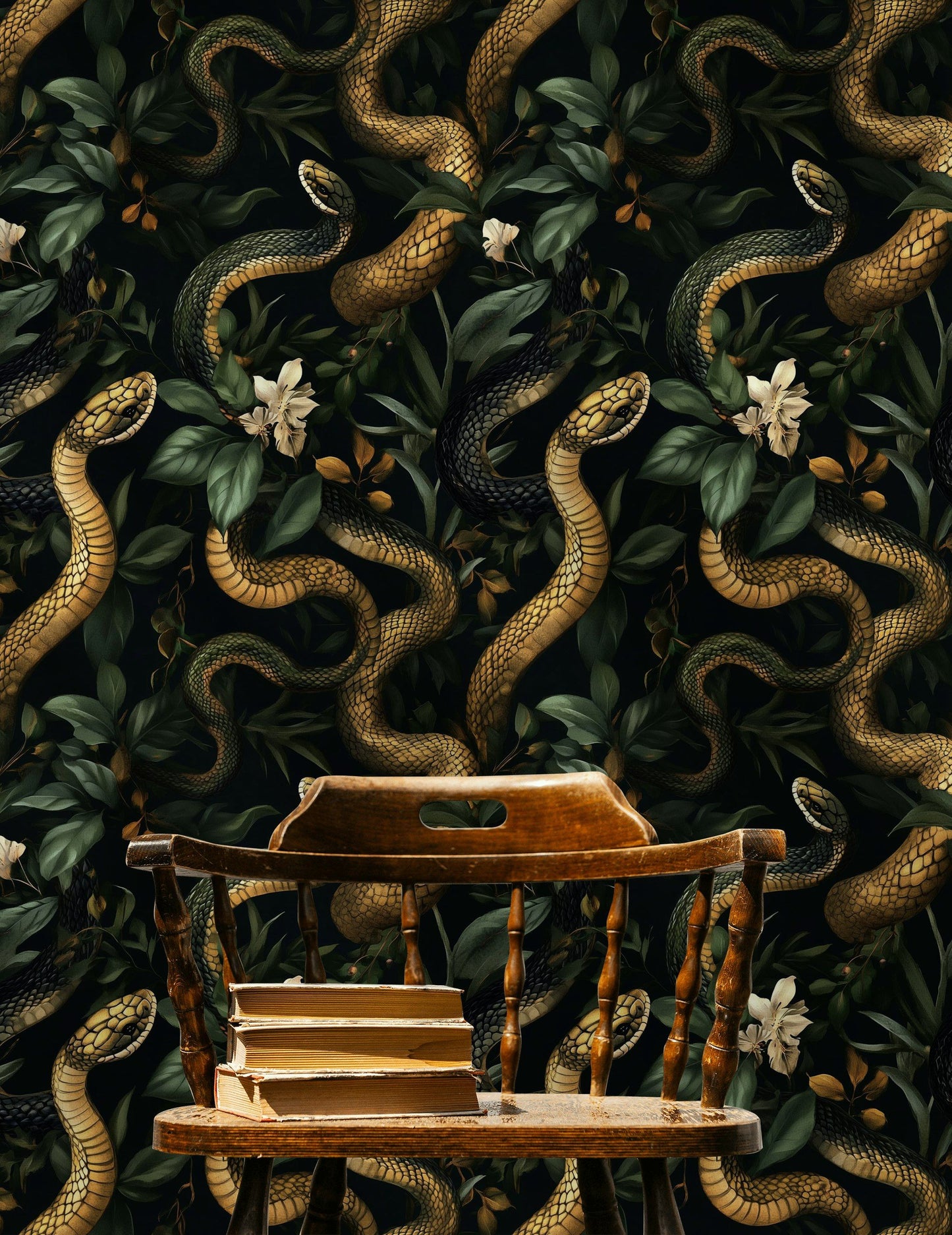 Golden Serpent & Lily Wallpaper Dark Botanical Wall Mural