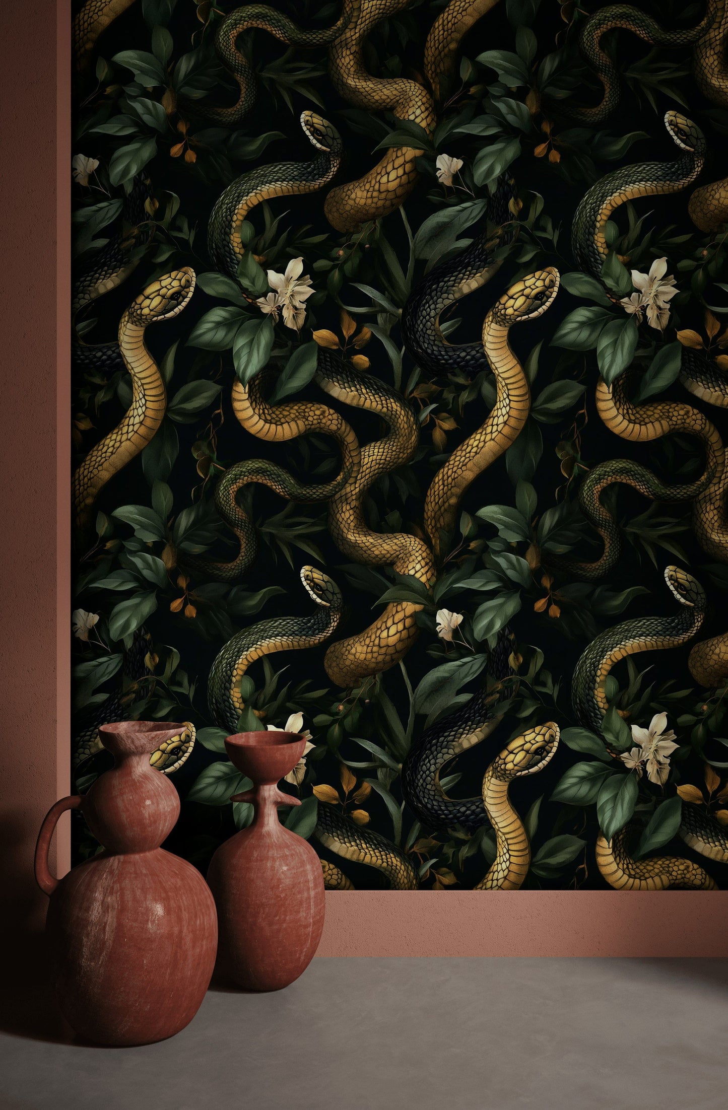 Golden Serpent & Lily Wallpaper Dark Botanical Wall Mural