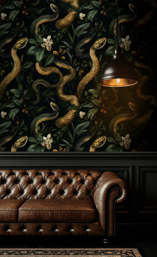 Golden Serpent & Lily Wallpaper Dark Botanical Wall Mural