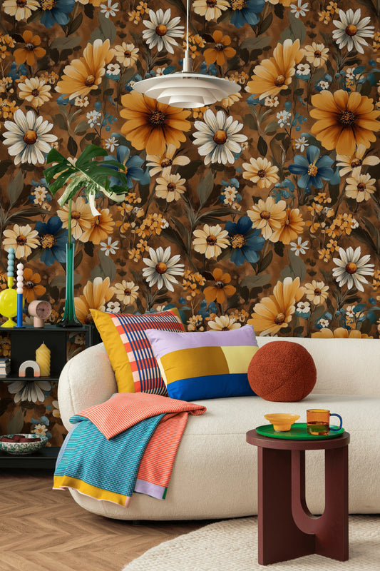 Earthy Daisy Floral Wallpaper  Warm Rustic Wall Mural