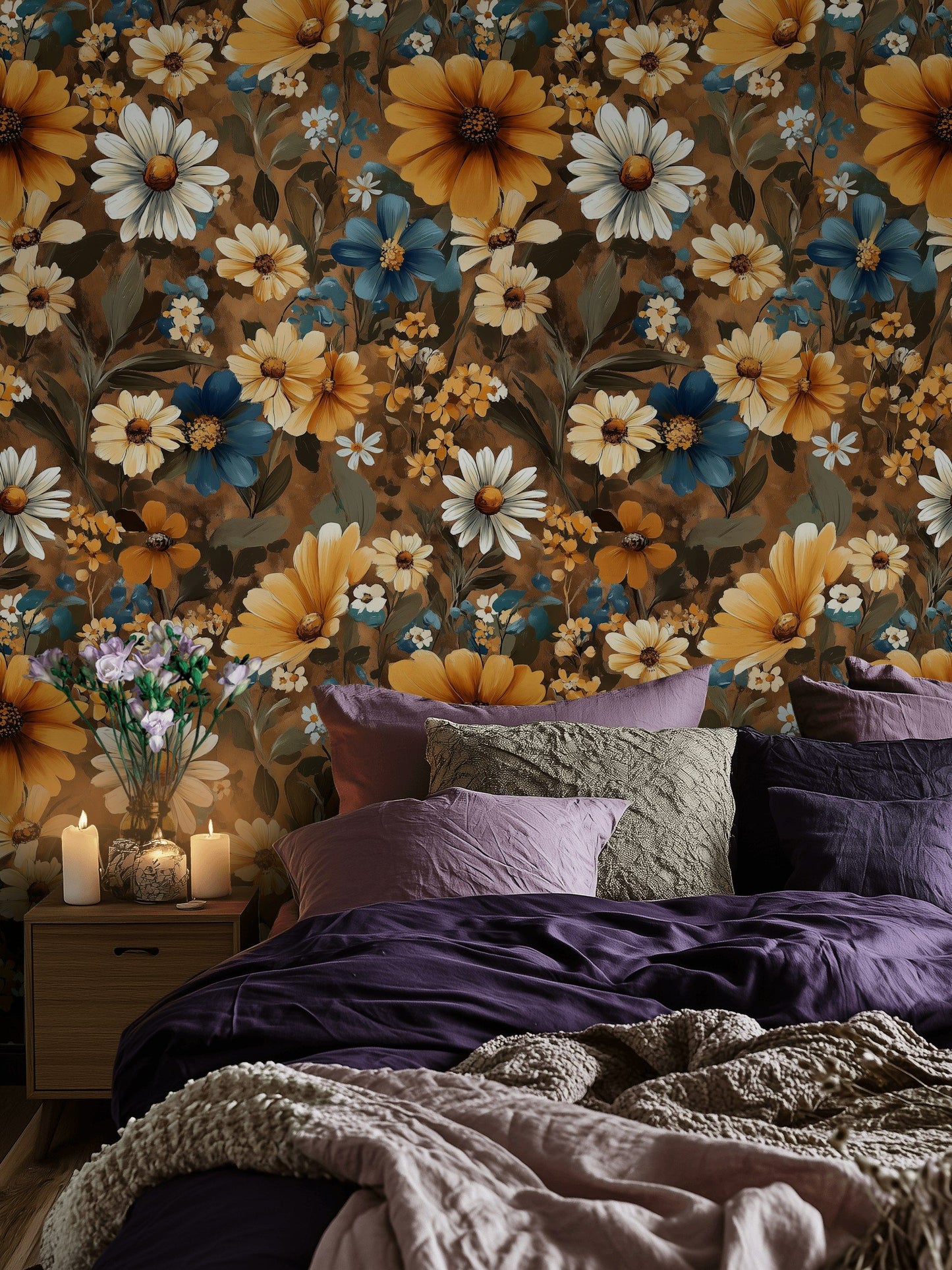 Earthy Daisy Floral Wallpaper  Warm Rustic Wall Mural