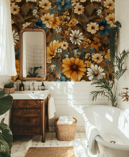 Rich Chocolate Brown Wildflower Floral Wallpaper