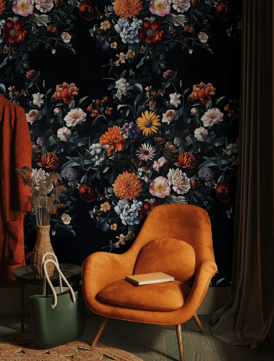 Midnight Garden Blossom Wallpaper Vibrant Floral Wall Mural