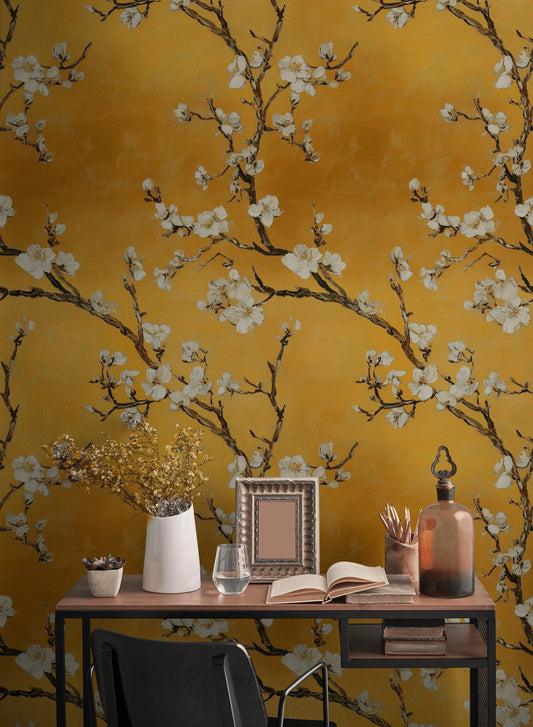 Golden Blossom Branches Wallpaper Modern Oriental Wall Mural