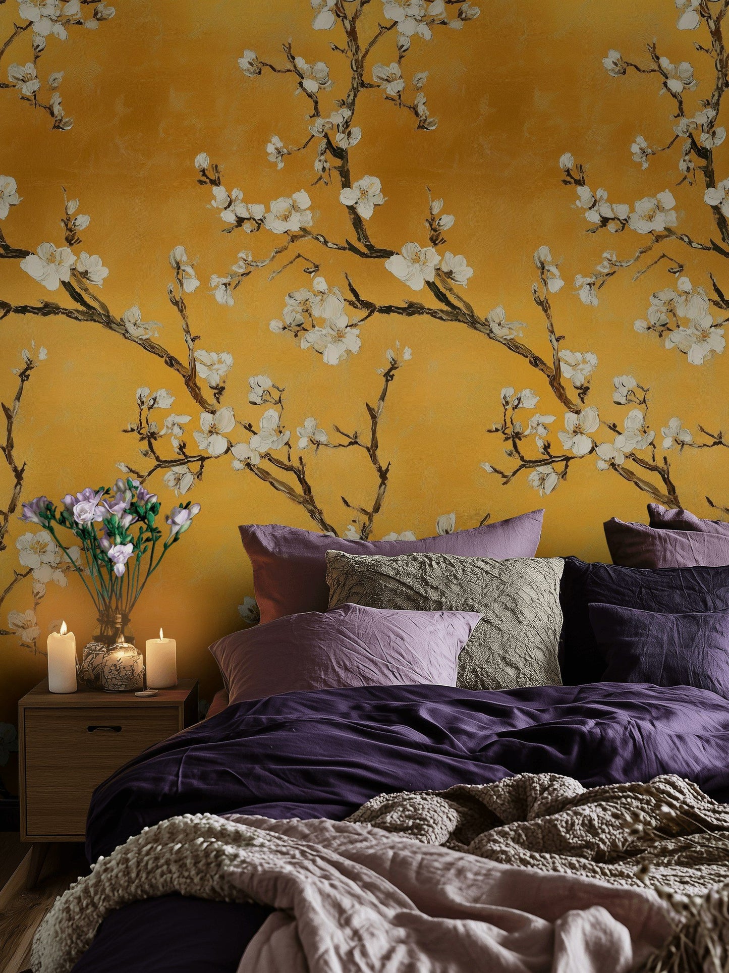 Golden Blossom Branches Wallpaper Modern Oriental Wall Mural