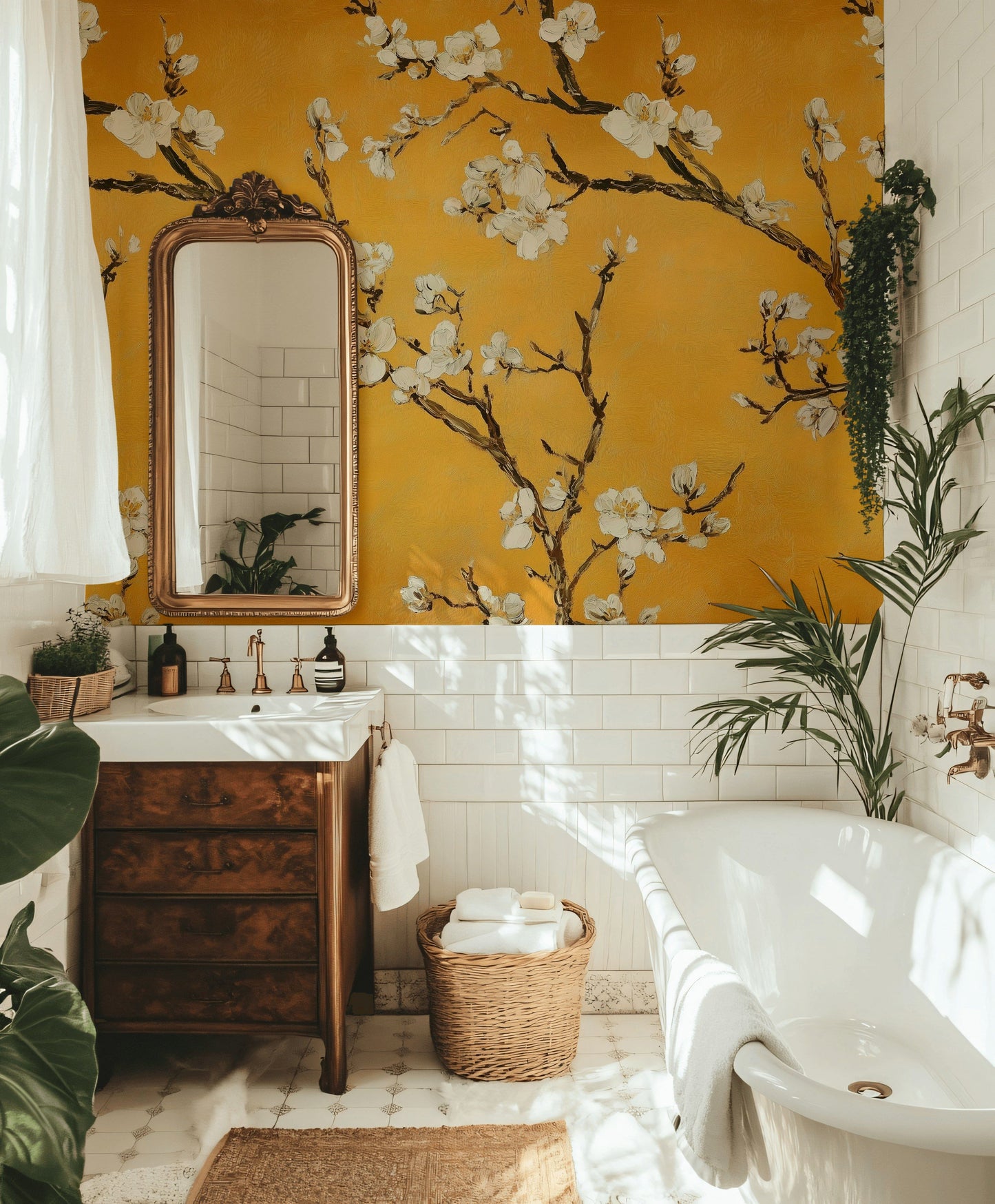 Golden Blossom Branches Wallpaper Modern Oriental Wall Mural
