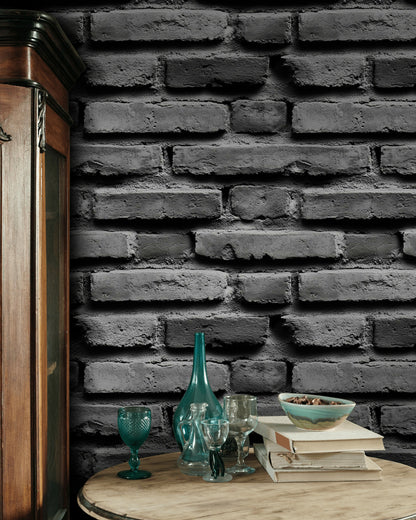 Charcoal Gray Textured Brick Wallpaper