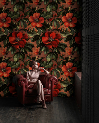 Rich Black and Orange Large Floral Wallpaper