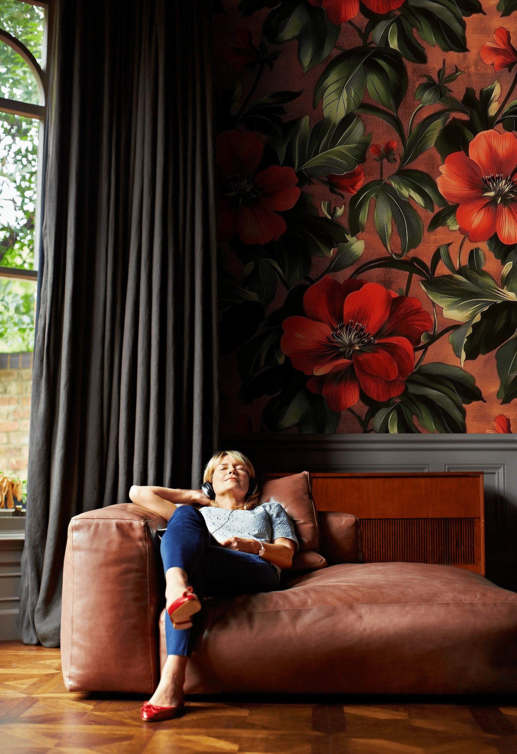 Rich Black and Orange Large Floral Wallpaper