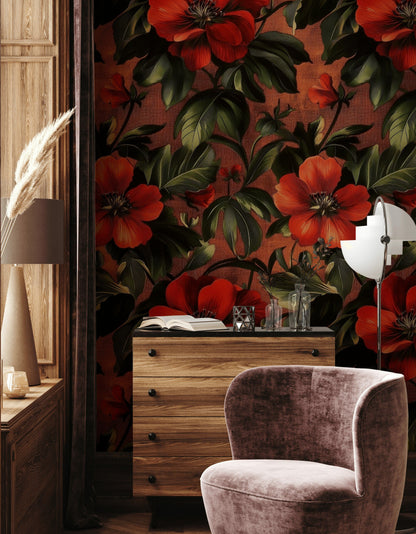 Rich Black and Orange Large Floral Wallpaper