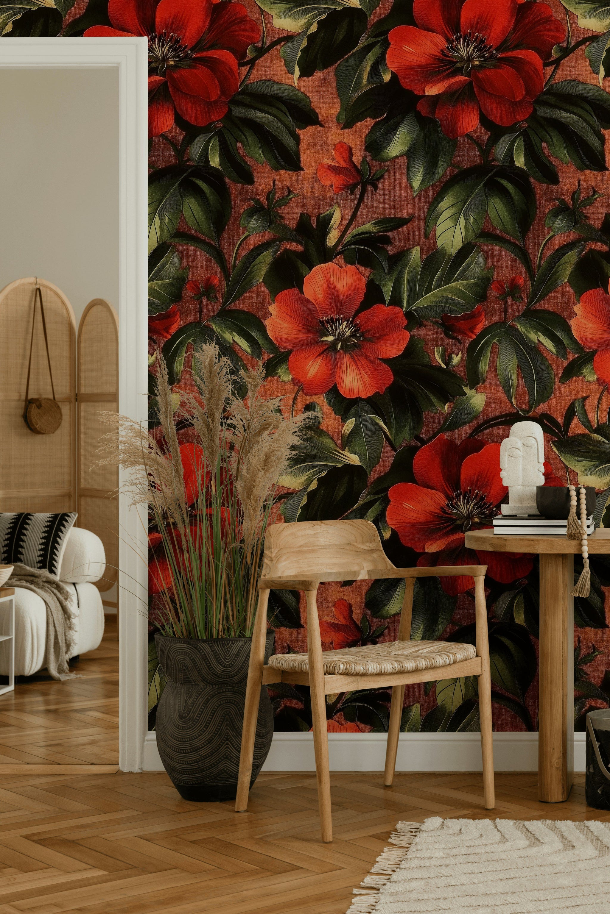 Rich Black and Orange Large Floral Wallpaper