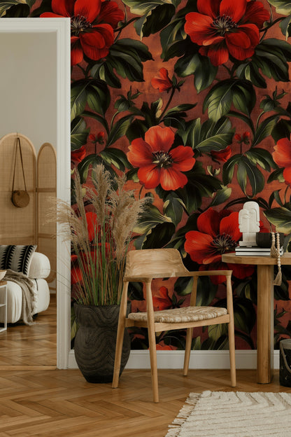 Rich Black and Orange Large Floral Wallpaper