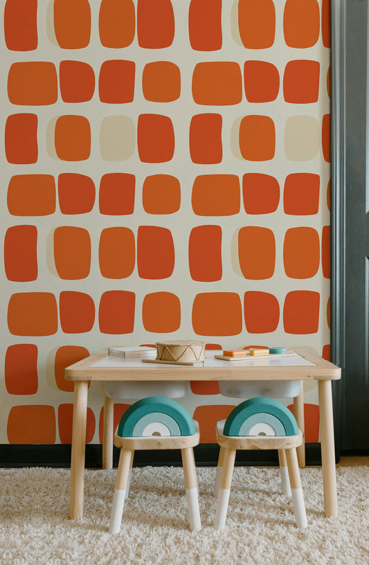 Retro Orange Squares Wallpaper Mid-Century Modern Wall Mural