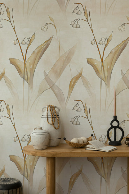 Soft Cream Lily of the Valley Floral Wallpaper