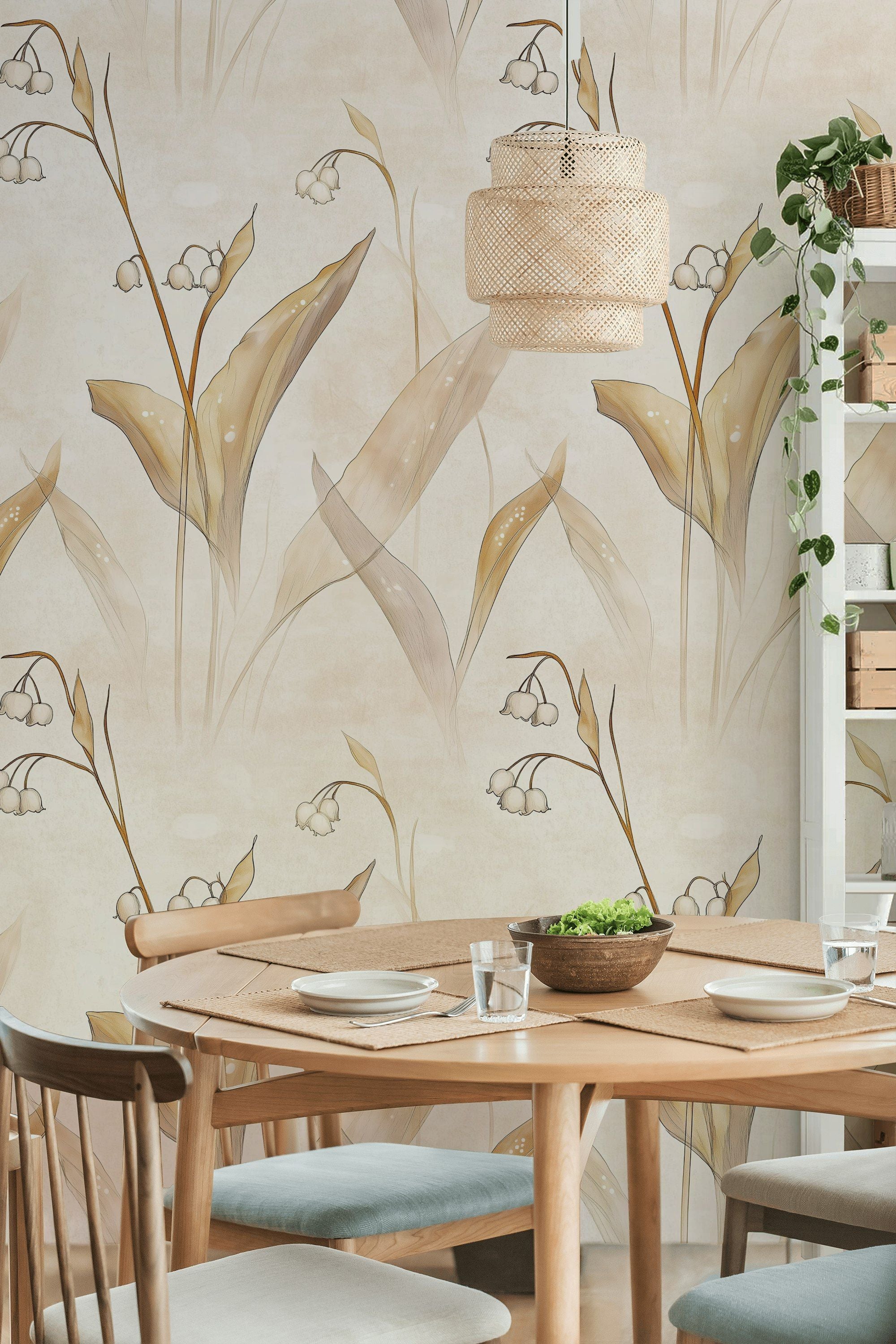 Soft Cream Lily of the Valley Floral Wallpaper