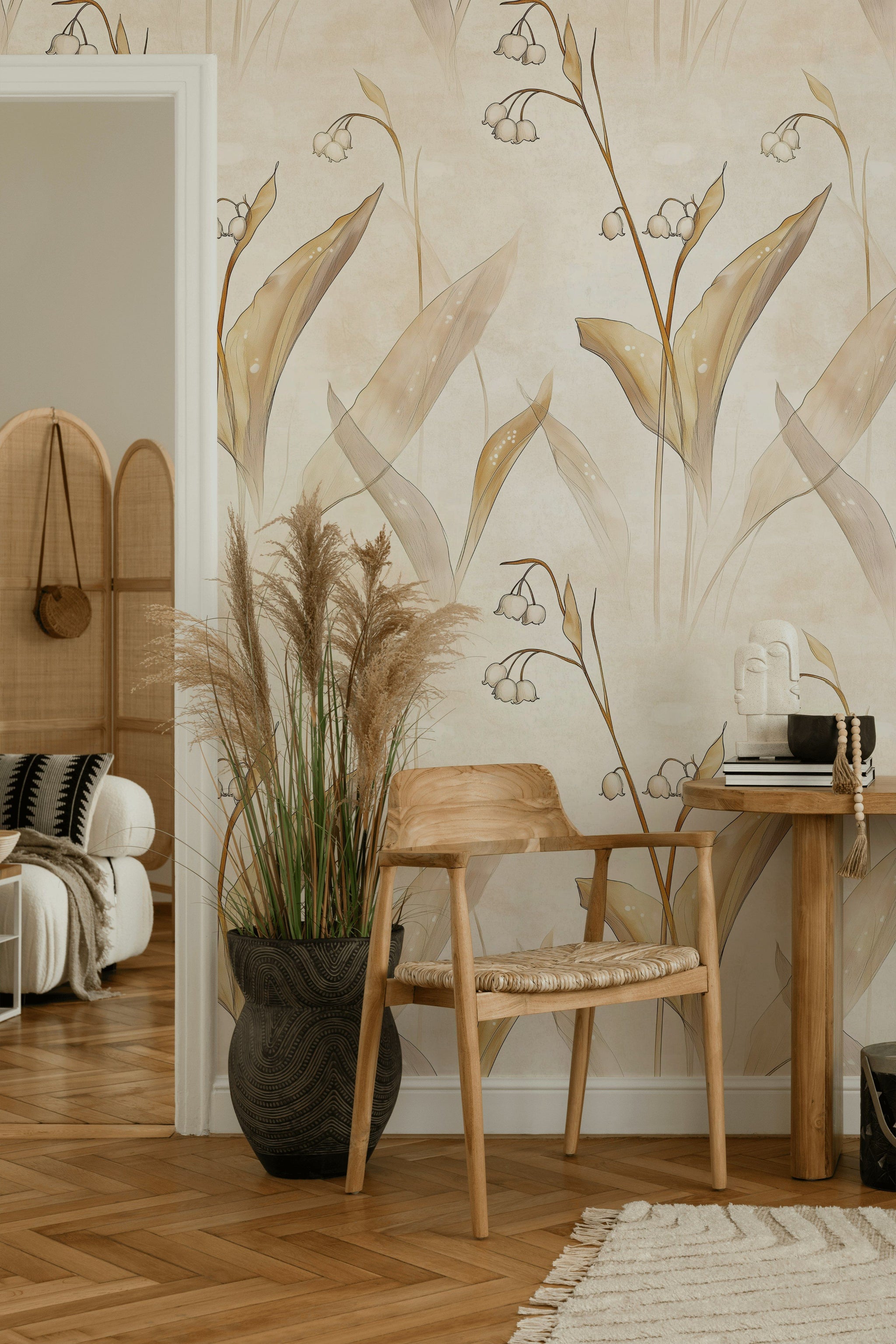 Soft Cream Lily of the Valley Floral Wallpaper