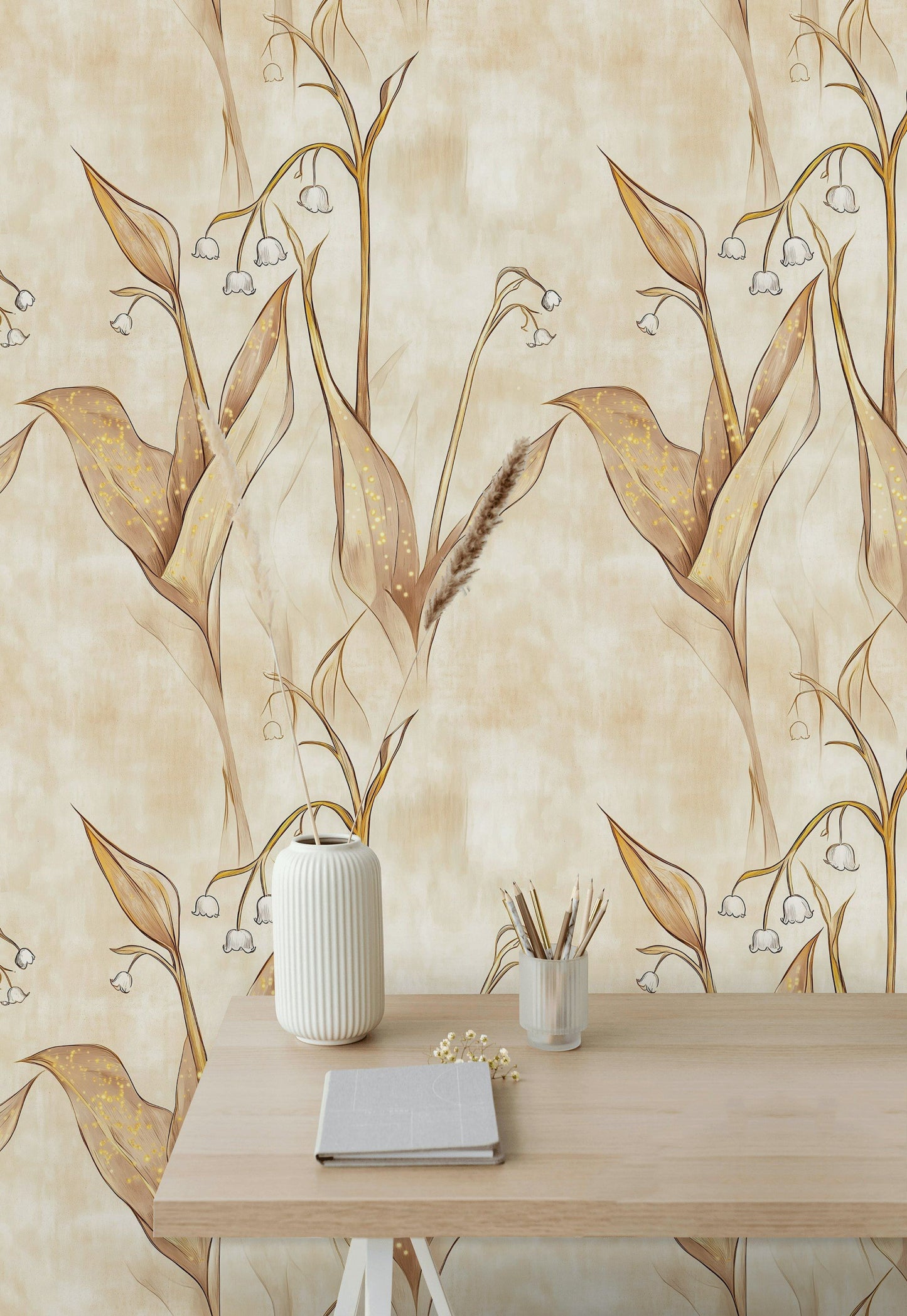 Golden Lily of the Valley Wallpaper Floral Wall Mural