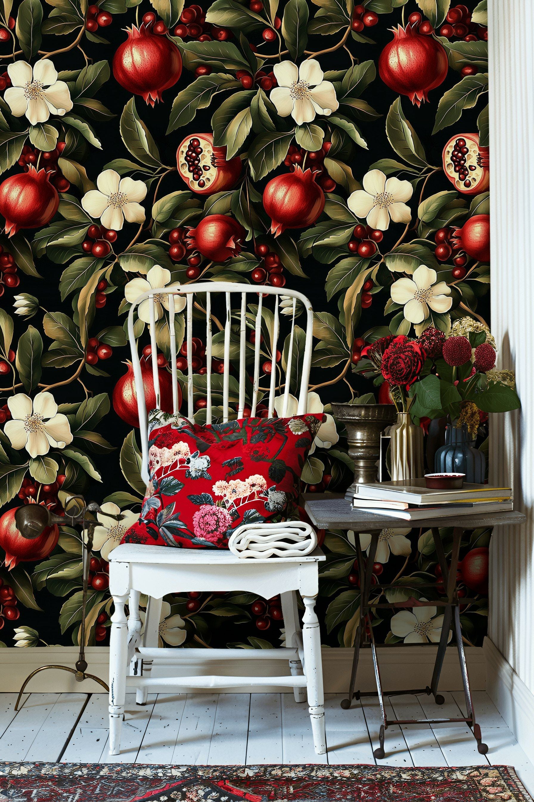 Rich Burgundy Pomegranate Floral Wallpaper