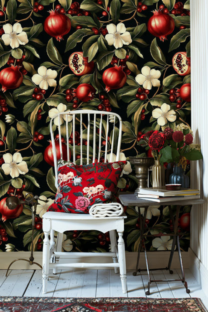 Rich Burgundy Pomegranate Floral Wallpaper
