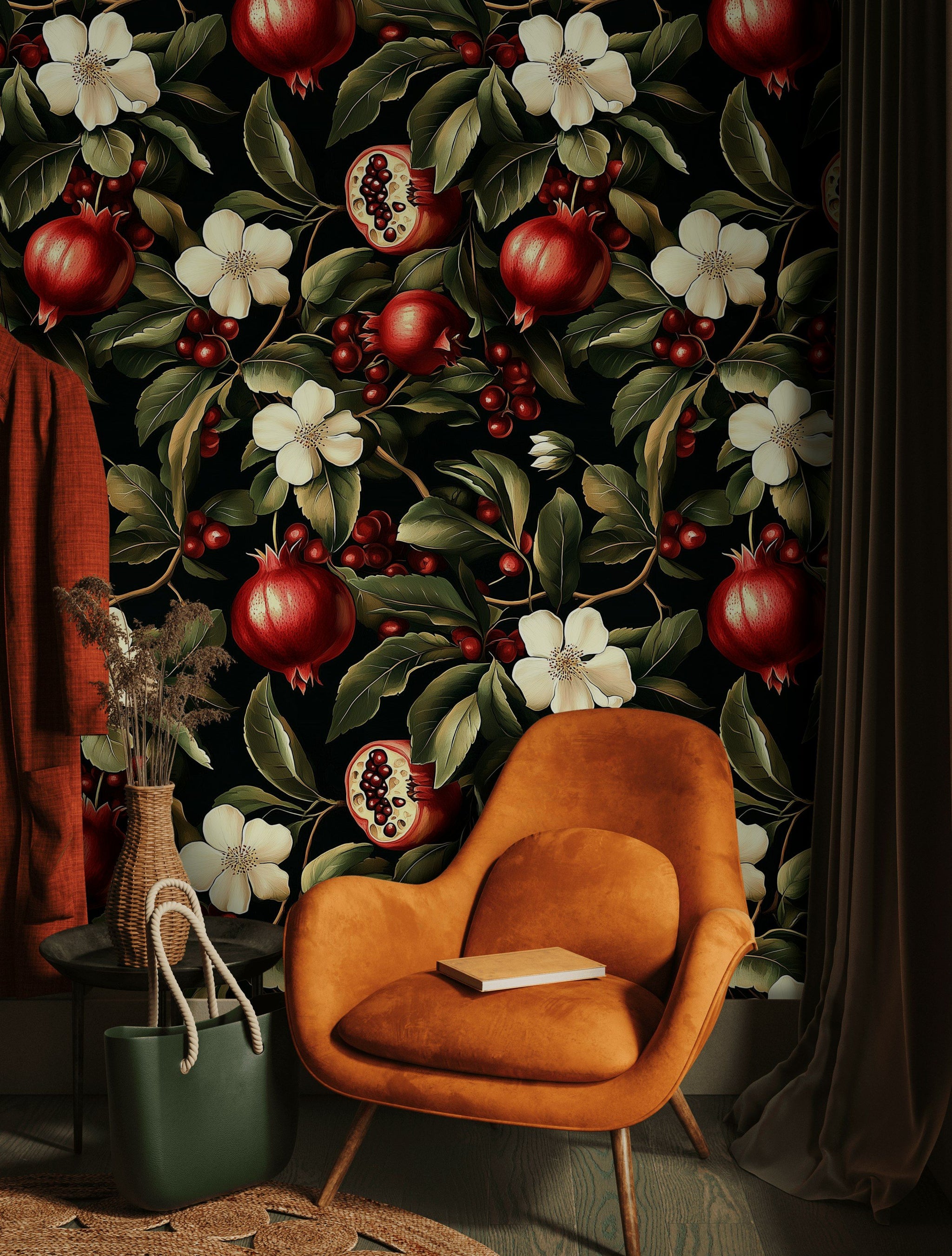 Rich Burgundy Pomegranate Floral Wallpaper