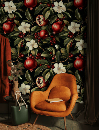 Rich Burgundy Pomegranate Floral Wallpaper