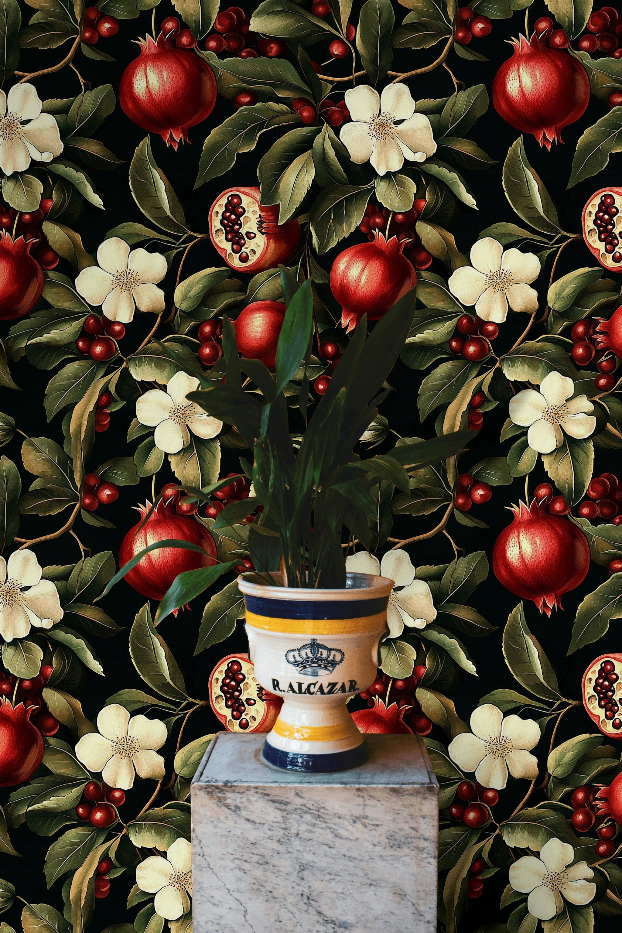 Rich Burgundy Pomegranate Floral Wallpaper